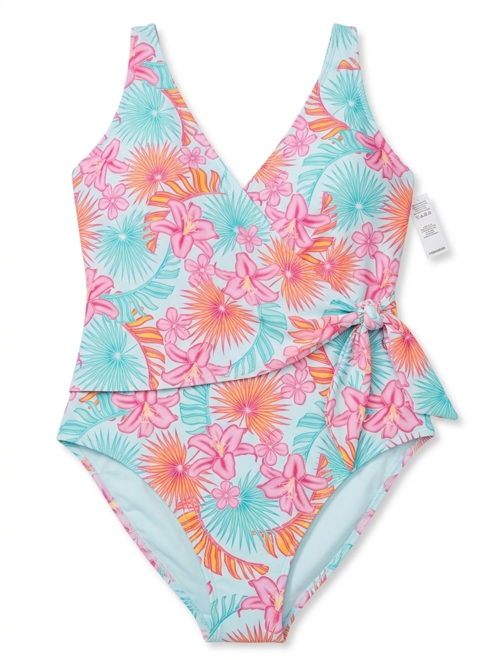 Tropical Floral Wrap One Piece‎ Swimsuit XXL Pink Blue Vacation Beach Pool